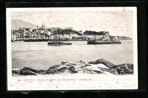 AK Genova, Veduta del Porto con rimorchiatore in movimento