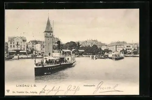 AK Lindau i. B., Hafenpartie mit Dampfschiff