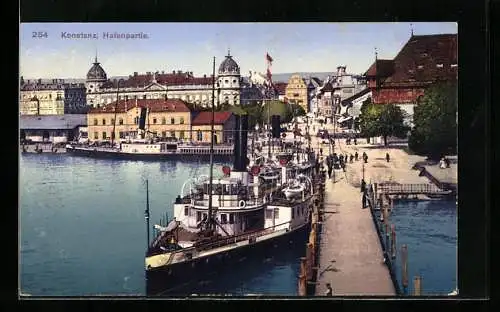 AK Konstanz, Hafenpartie mit Dampfschiff
