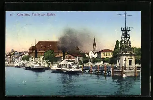 AK Konstanz, Partie am Hafen mit Dampfer