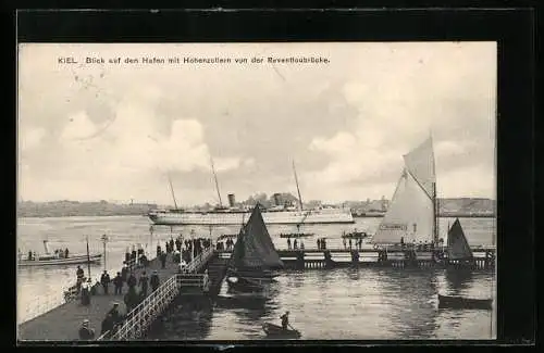 AK Kiel, Blick auf den Hafen mit Hohenzollern von der Reventloubrücke