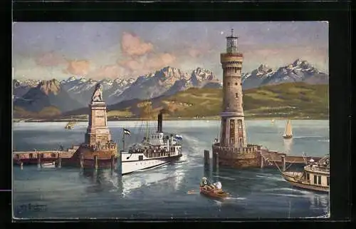 AK Lindau, Hafeneinfahrt mit Leuchtturm
