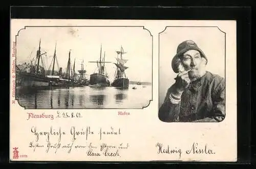 AK Flensburg, Hafen mit Segelschiffen