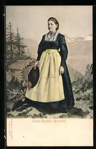 AK Brixentalerin mit Hut in der Hand vor Berglandschaftskulisse