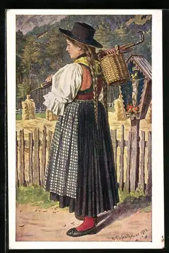 AK Frau aus dem Brixenthal trägt Korb mit ihrem Schirm