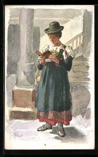 Künstler-AK Buchenstein, Tiroler II., Nr. 9, Mädchen mit Hut liest ein Buch