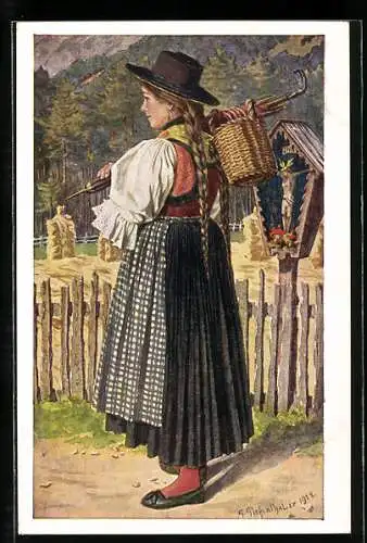 AK Frau aus dem Brixenthal trägt Korb mit ihrem Schirm