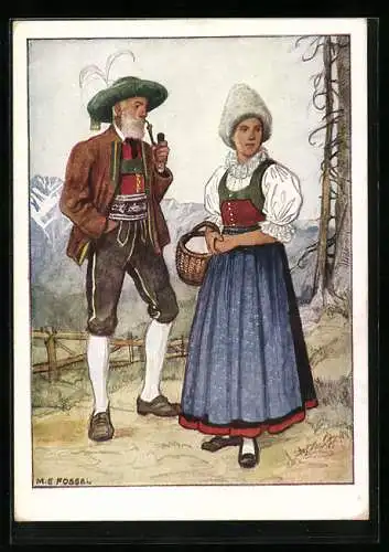 Künstler-AK M.E. Fossel: Ostmärkische Volkstrachten, Tirol, Paar aus Wipptal