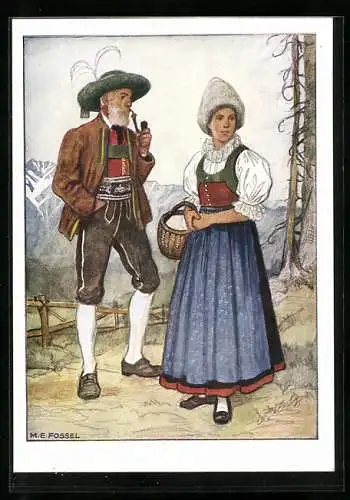Künstler-AK M.E. Fossel: Ostmärkische Volkstrachten, Tirol, Paar aus Wipptal