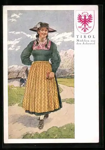 Künstler-AK Tiroler Mädchen aus dem Achental in Tracht