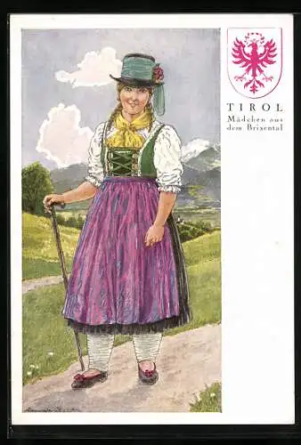 AK Tiroler Tracht, Mädchen aus dem Brixental spazierend