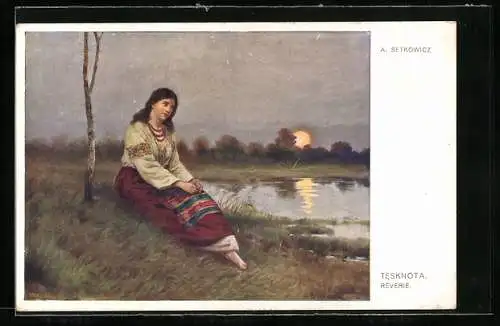 AK Junge Frau in Tracht an einem Gewässer bei Sonnenuntergang