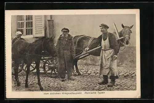 AK Polnische Typen mit Kutschpferd und Fohlen