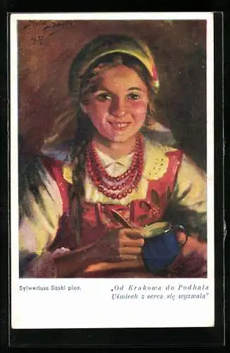 AK Polnisches Mädchen in Tracht lächelt im Licht der Kerze