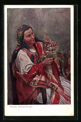 Künstler-AK Polnische Frau in landestypischer Tracht bei der Handarbeit