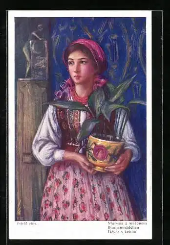 AK Junge polnische Frau in Tracht mit Topfpflanze