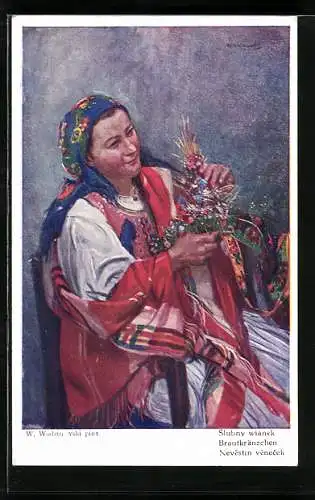 Künstler-AK Polnische Frau in landestypischer Tracht bei der Handarbeit