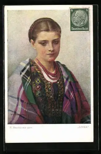 AK Junges Mädchen in Tracht mit kariertem Umhang