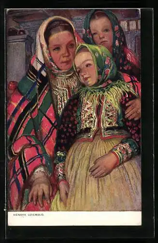 Künstler-AK polnische Frau mit Kindern in traditioneller Tracht