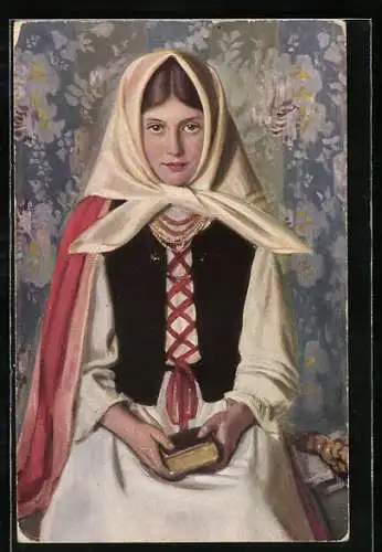 Künstler-AK Fl. Piekarski: Dziewczyna litewska, Junge Frau in Tracht mit buch