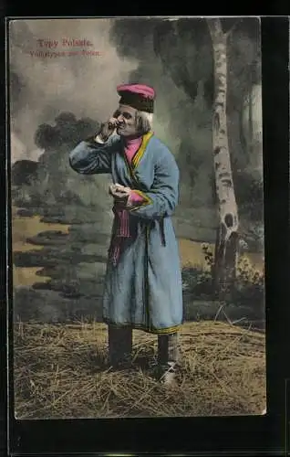 AK Mann in Tracht mit Mütze und Mantel, Volkstypen aus Polen