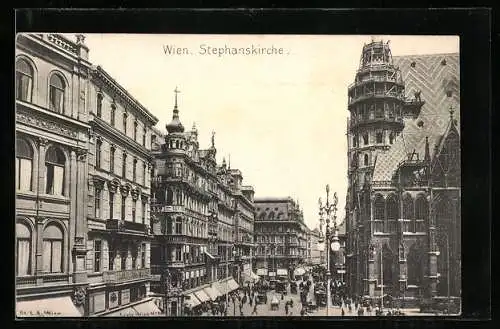 AK Wien, Stephanskirche mit Strassenpartie