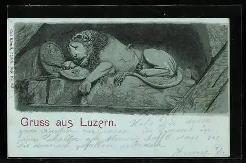 Lithographie Luzern, Skulptur Sterbender Löwe, Wappen um 1900