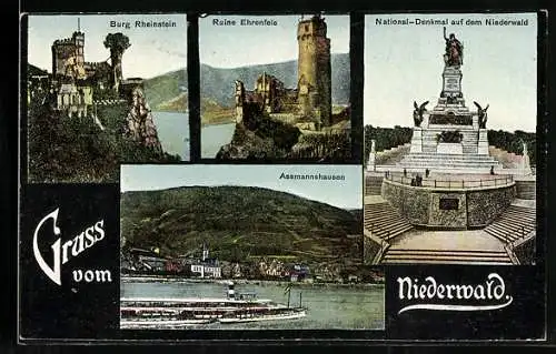 AK Assmannshausen am Rhein, Ortsansicht, Burg Rheinstein, Ruine Ehrenfels, Nationaldenkmal auf dem Niederwald
