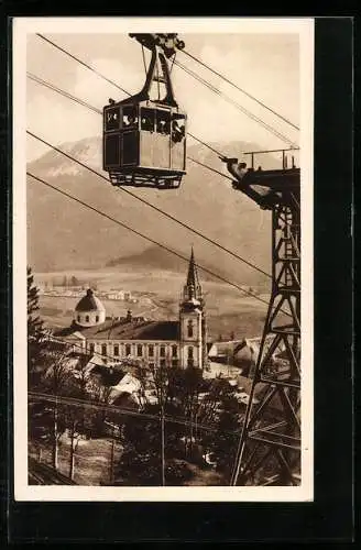AK Mariazell, Teilansicht mit Seilschwebebahn Bürgeralpe, Kirche und Sauwand