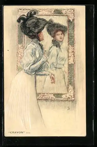 Künstler-AK Raphael Tuck & Sons Nr. 397: Frau mit Hut vor dem Spiegel