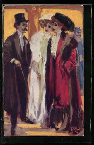 Künstler-AK Raphael Tuck & Sons Nr.: 1222, Ein Mann und zwei Frauen in eleganter Abendkleidung