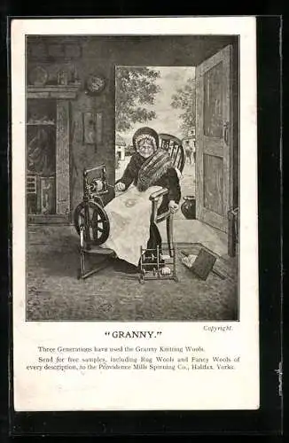 AK An old Lady with a spinning wheel, advert for Granny Knitting Wools