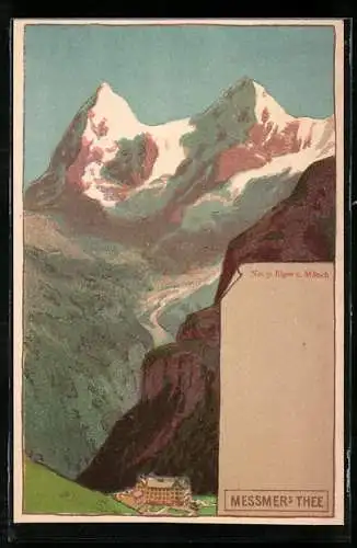 Lithographie Bergpanorama mit Eiger und Mänch, Reklame für Messmer`s Thee