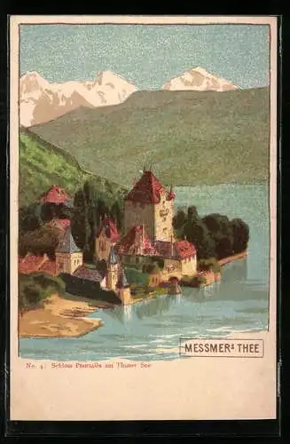 Lithographie Schloss Pourtalès am Thuner See, Reklame für Messmer`s Thee