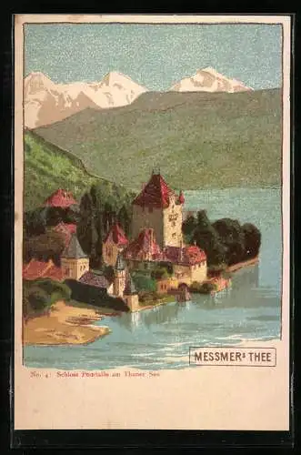 Lithographie Schloss Pourtalès am Thuner See, Reklame für Messmer`s Thee