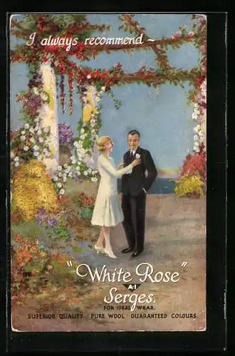 AK Ein turtelndes Paar zwischen blühenden Blumen in feiner Kleidung, Reklame für White Rose Serges