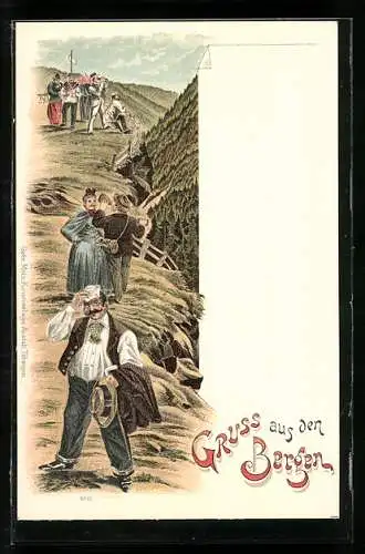 AK Bergsteiger mit Fernglas in den Bergen