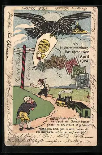 AK Die letzten württembergischen Briefmarken, 1.4.1902, Junge mit Spielzeug-Eisenbahn