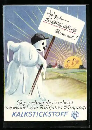 AK Schneemann schmilzt in der Sonne, Reklame für Kalkstickstoff