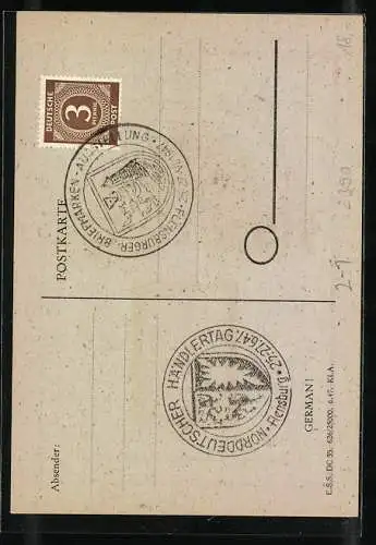 AK Flensburg, Briefmarken-Ausstellung 1947, Briefmarke Schleswig-Holstein 1850