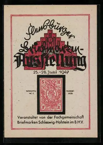 AK Flensburg, Briefmarken-Ausstellung 1947, Briefmarke Schleswig-Holstein 1850