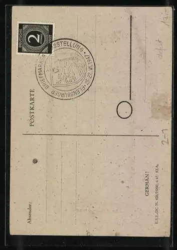 AK Flensburg, Briefmarken-Ausstellung 1947, Schleswiger 1-Schilling-Briefmarke