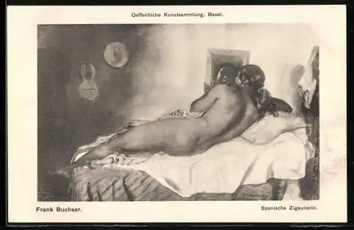 Künstler-AK Spanische Romni nackt auf einem Bett, Frank Buchser