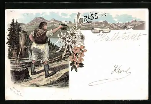 Lithographie Eine Sennerin beim Wasserholen, im Bergpanorama