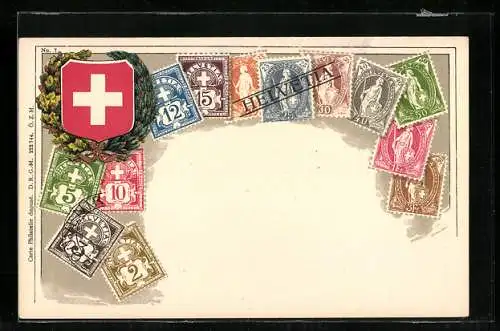 AK Schweizer Briefmarken und Wappen, Eichenlaub
