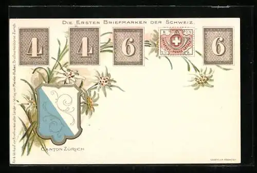 Lithographie Kanton Zürich, Die ersten Briefmarken d. Schweiz, Zürcher Wappen, Blumenverzierung