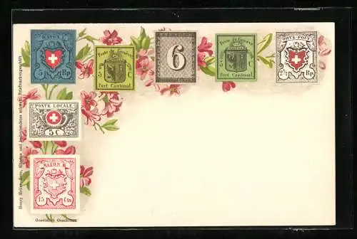 AK Schweizer Briefmarken auf blühenden Blumen