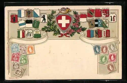 AK Briefmarken und Wappen der Schweiz