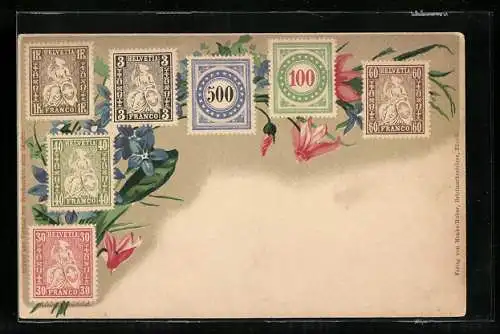 Lithographie Briefmarken der Schweiz und Blumen