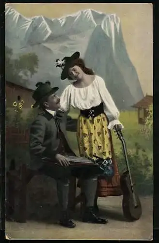 AK Mann mit Zither und Frau mit Gitarre vor Bergkulisse